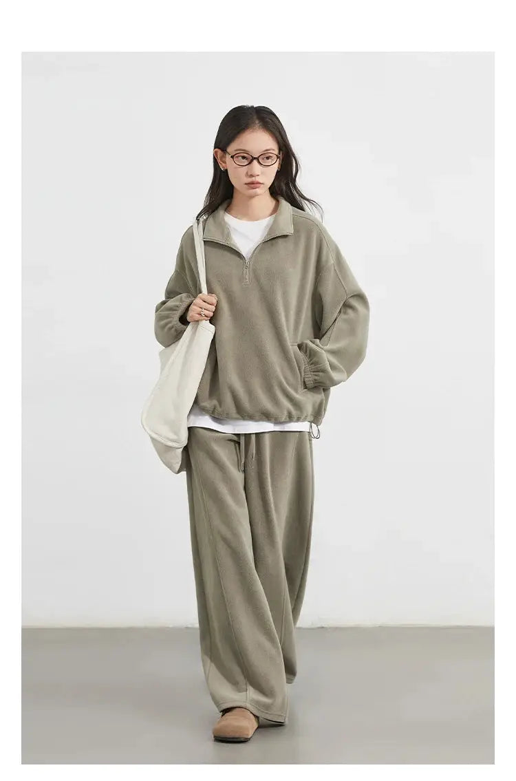 CHIC VEN Women's Velvet Sweatsuit Set Stand Collar Top Wide Leg Pants