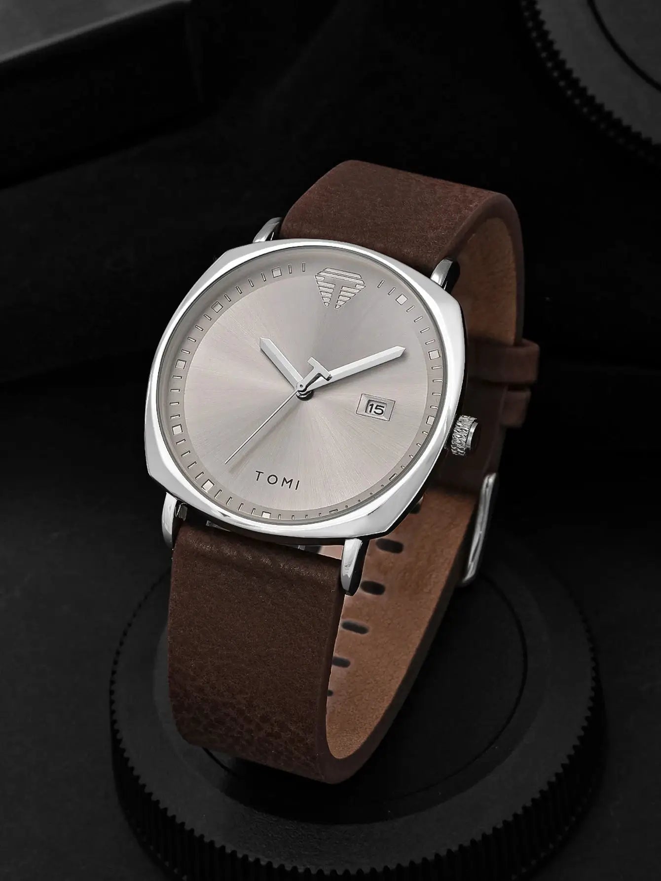 TOMI men's watch with silver dial and brown leather strap, calendar date window