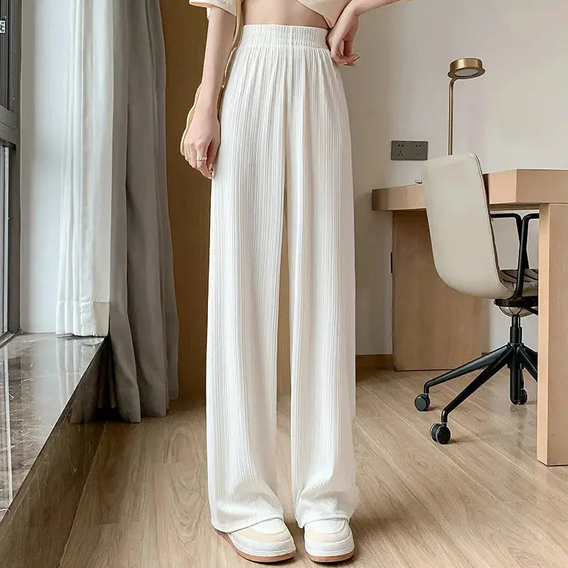 Wide-leg pants for women, white ice-filament fabric, elastic waist, breathable summer style by Simples Market
