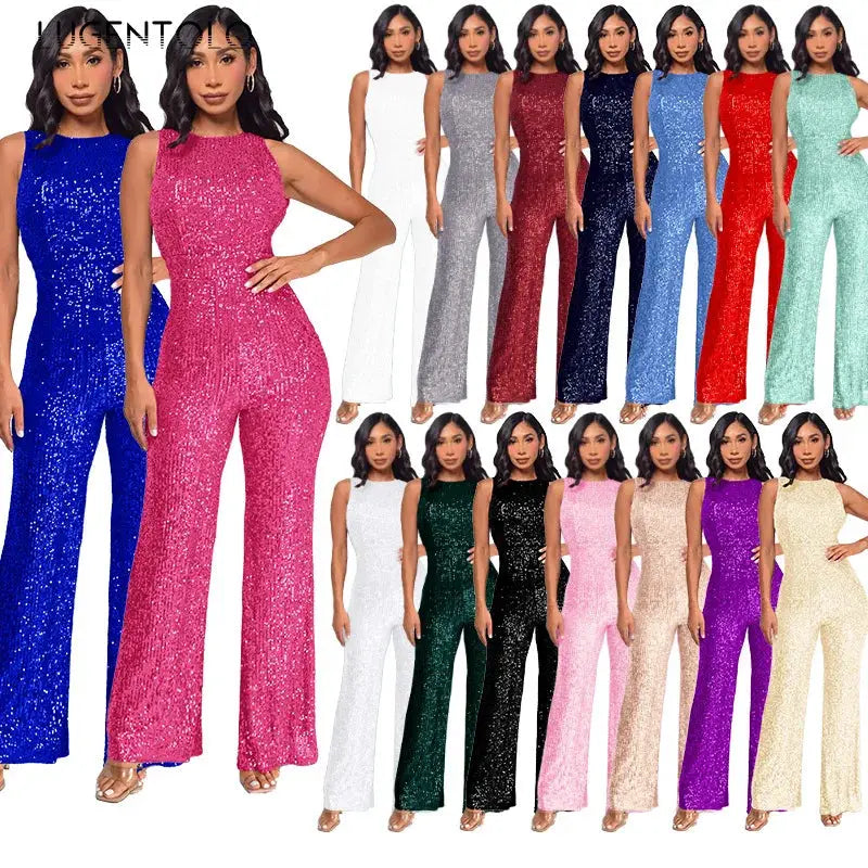 Sparkling sequins jumpsuits for women, high-waist, sleeveless, in multiple colors