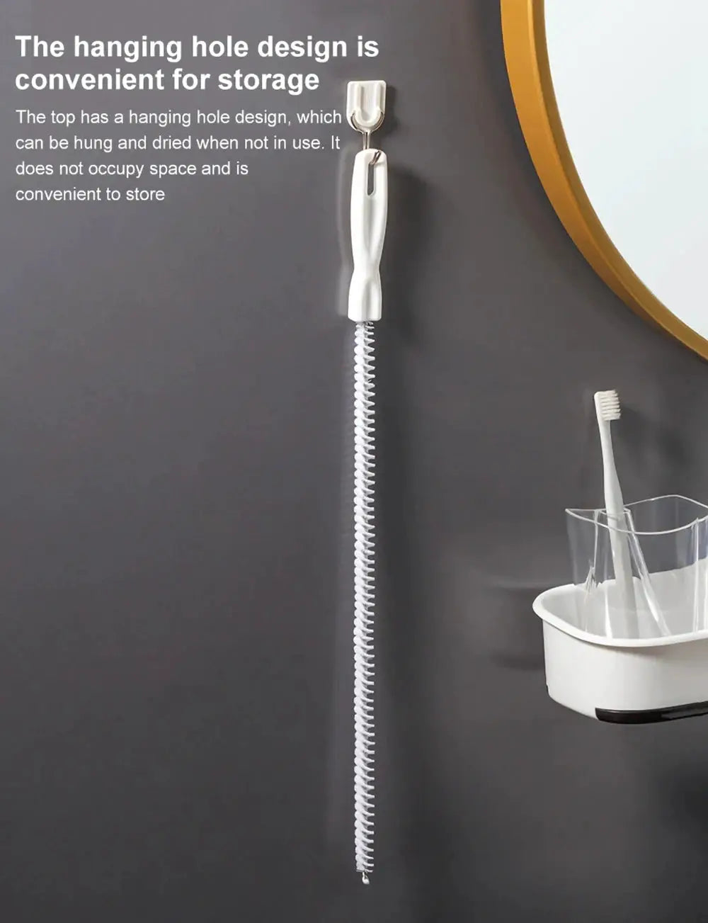 Pipe dredging drain brush and toothbrush; long white flexible spiral shaft for bathroom sink clogs