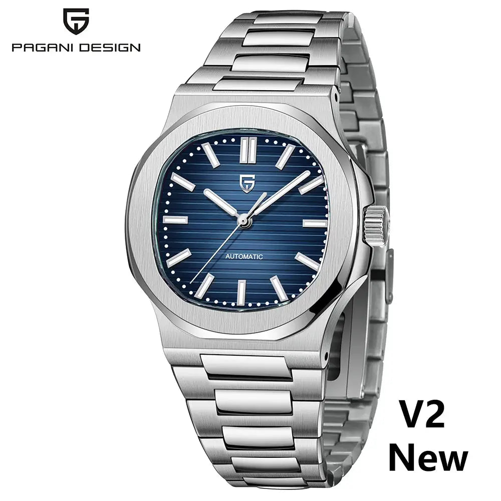 Pagani Design 40mm men's stainless steel automatic watch with blue dial and sapphire glass