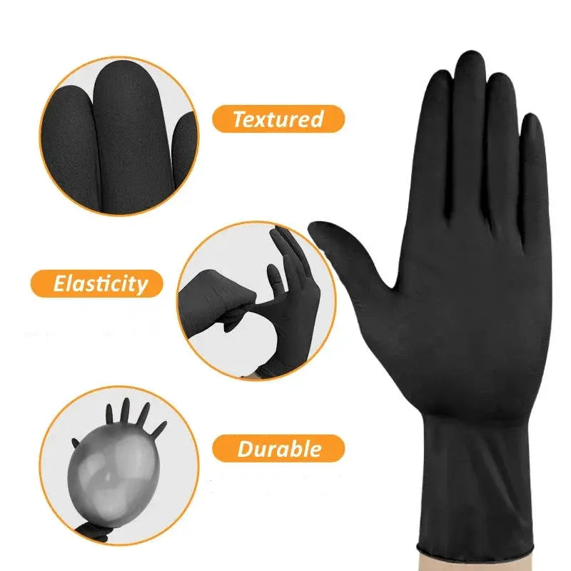 Simples Market black nitrile disposable gloves, textured fingertips, latex-free, durable and elastic