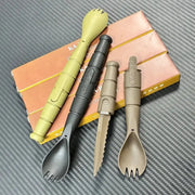 Simples Market Tactical Mini Cutlery Set, 4-piece outdoor tool kit with spork, knife and fork in green, black and tan.