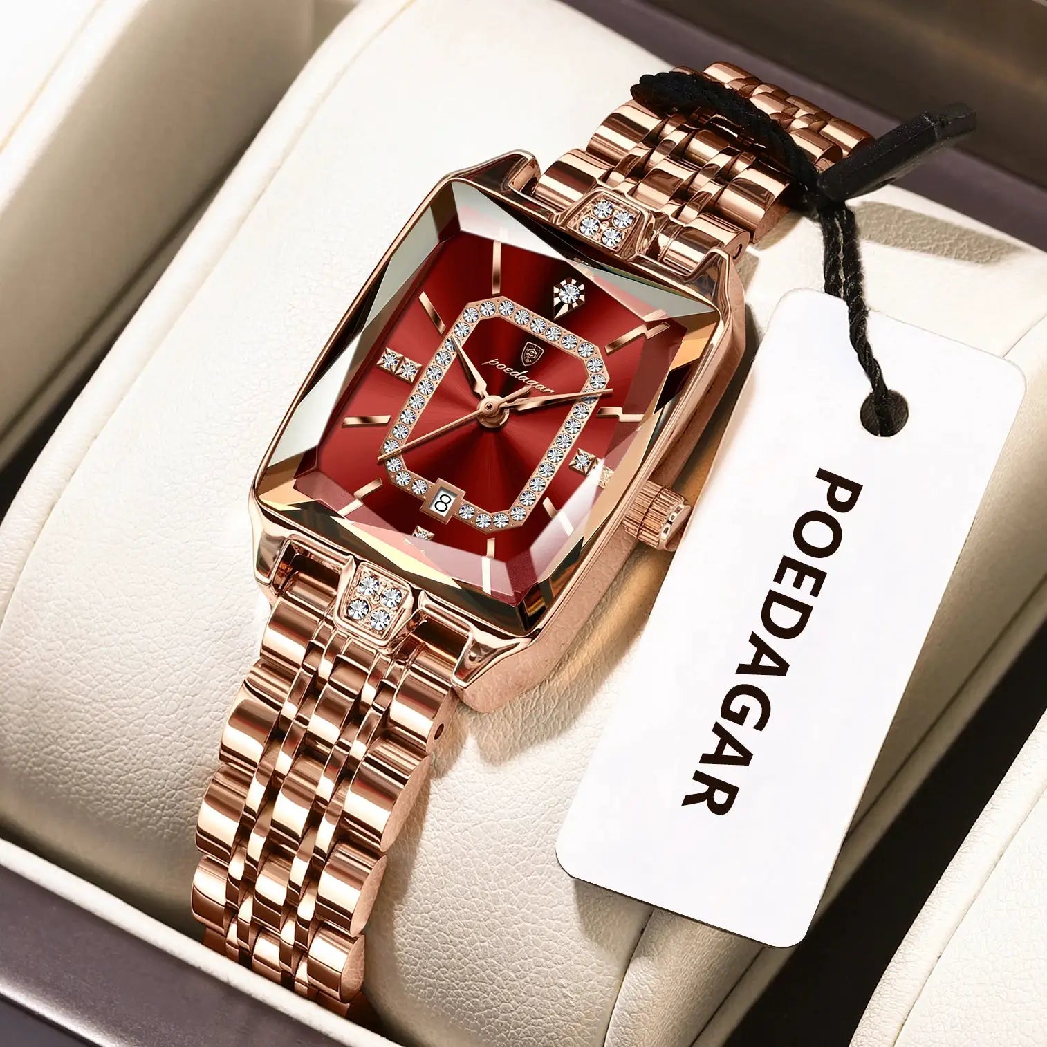 Poedagar rose-gold stainless steel women's wristwatch with square crystal-studded red dial and date window