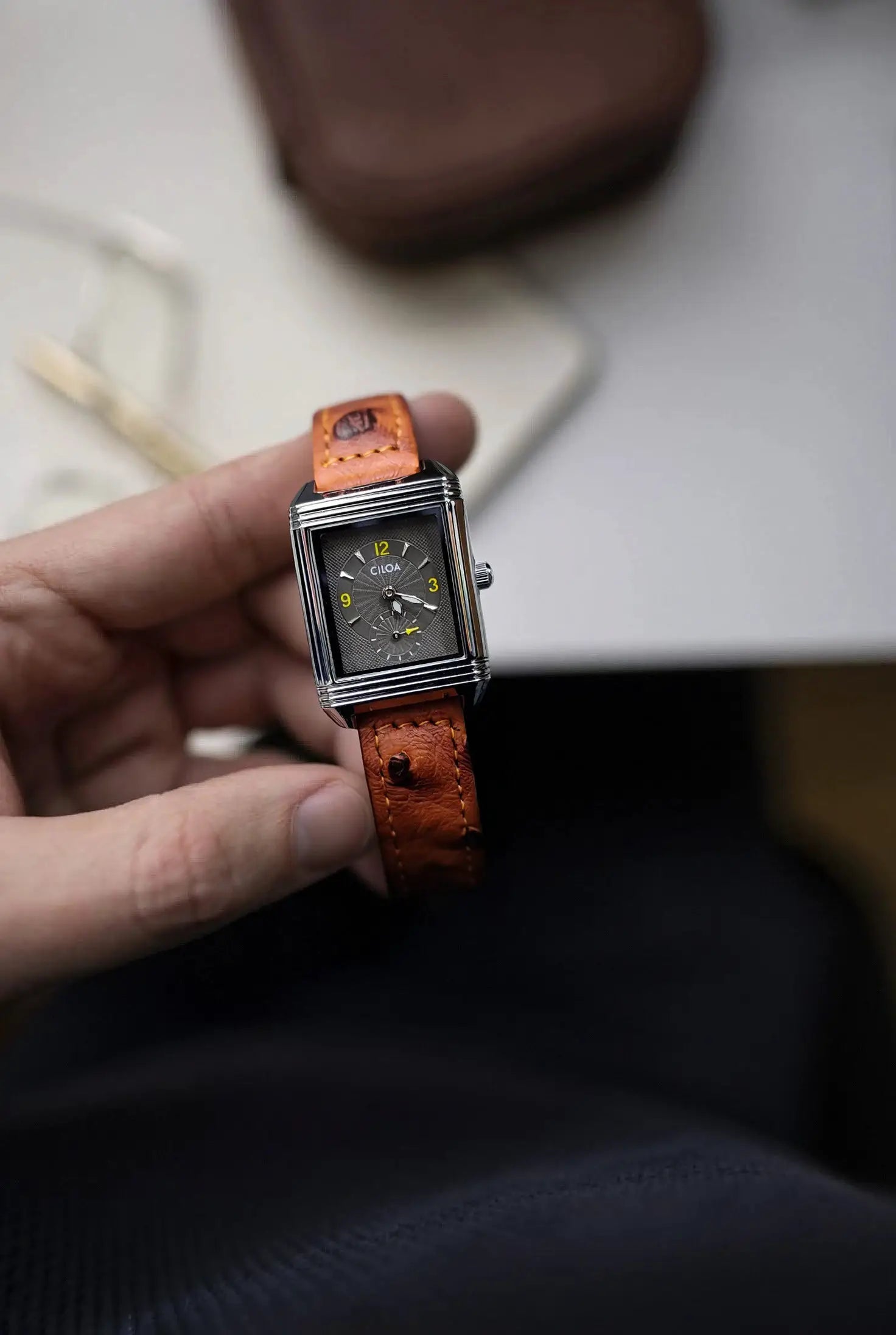 CILOA men's retro square quartz wristwatch by Simples Market with brown leather strap and silver case