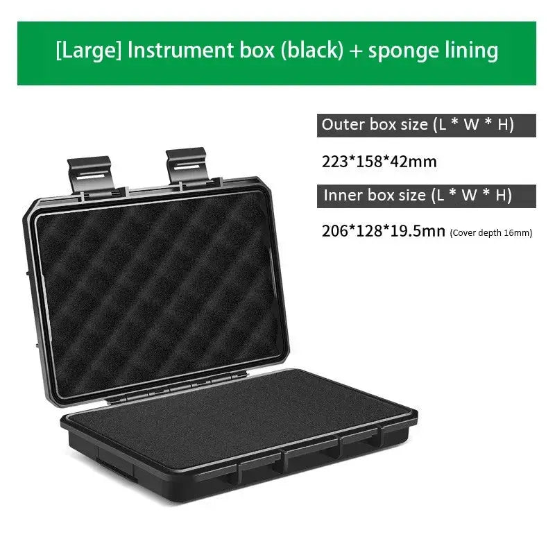Large black waterproof instrument storage case with sponge lining and foam-padded interior