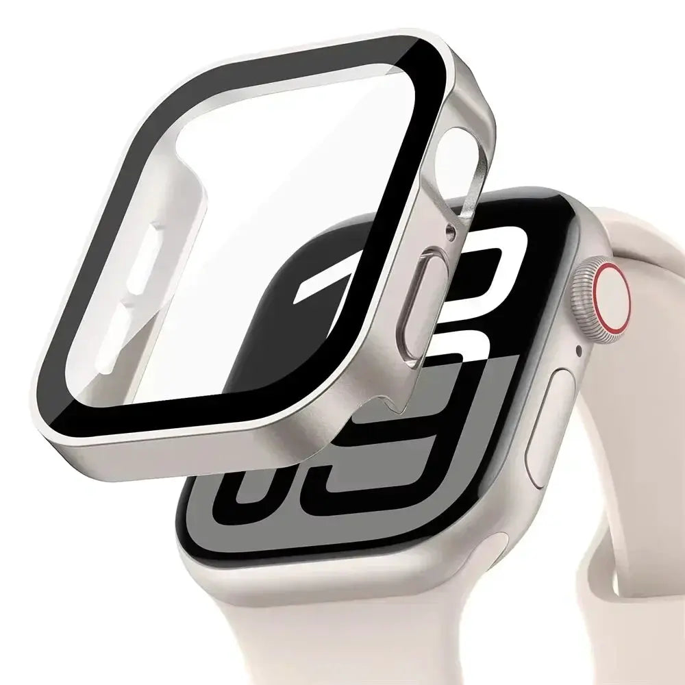 Simples Market Apple Watch bumper case with clear tempered glass screen protector; 40–44mm, fits Series 4–9 and SE