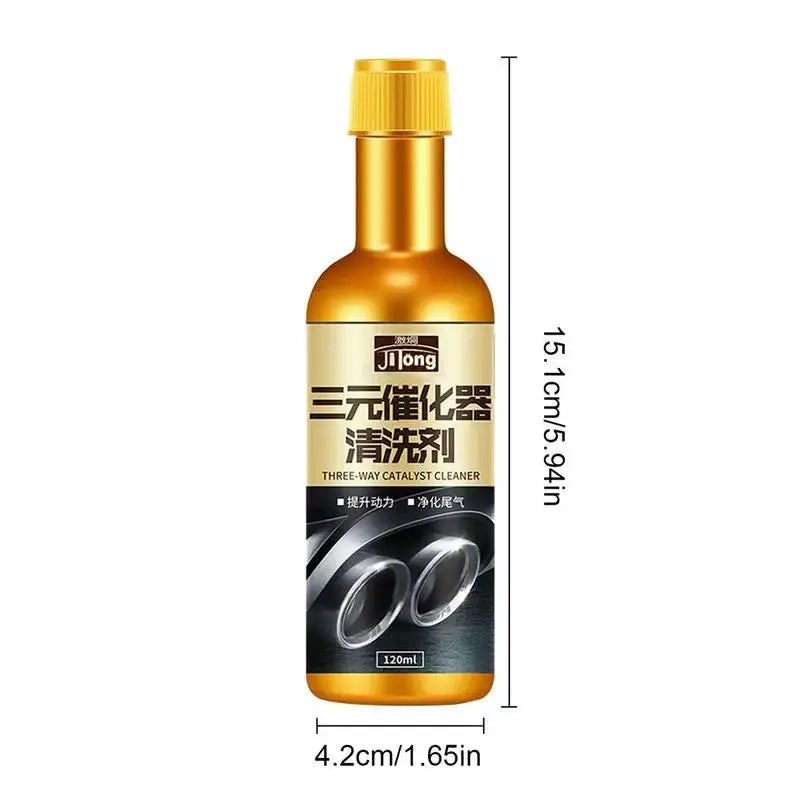 Car engine 3-way catalytic cleaner bottle, 120ml, yellow-gold plastic.