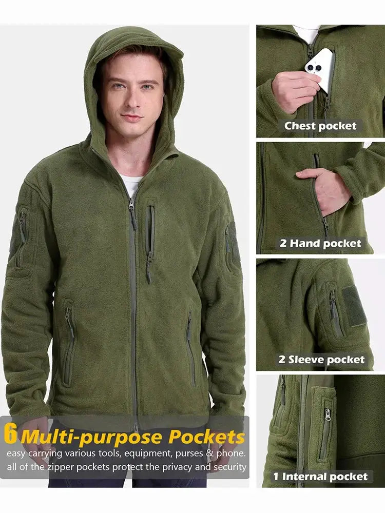 Simples Market men's olive green hunting fleece jacket with hood and six zip pockets.