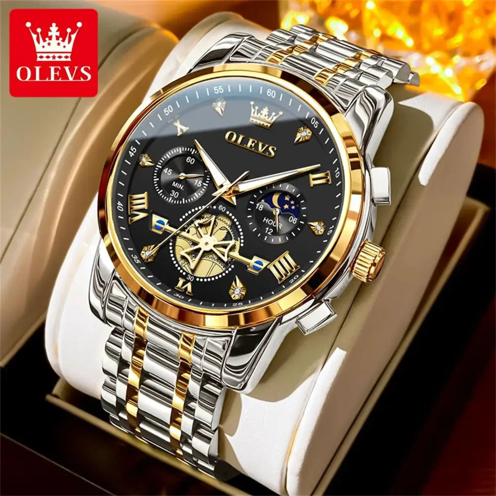 OLEVS men's luxury watch with black dial, gold bezel, two-tone stainless steel band and moon phase display.