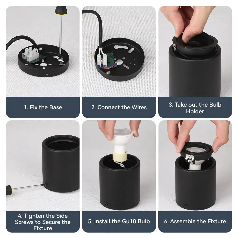 Simples Market GU10 replaceable bulb downlight kit; black cylindrical LED ceiling lamp with 6-step assembly.