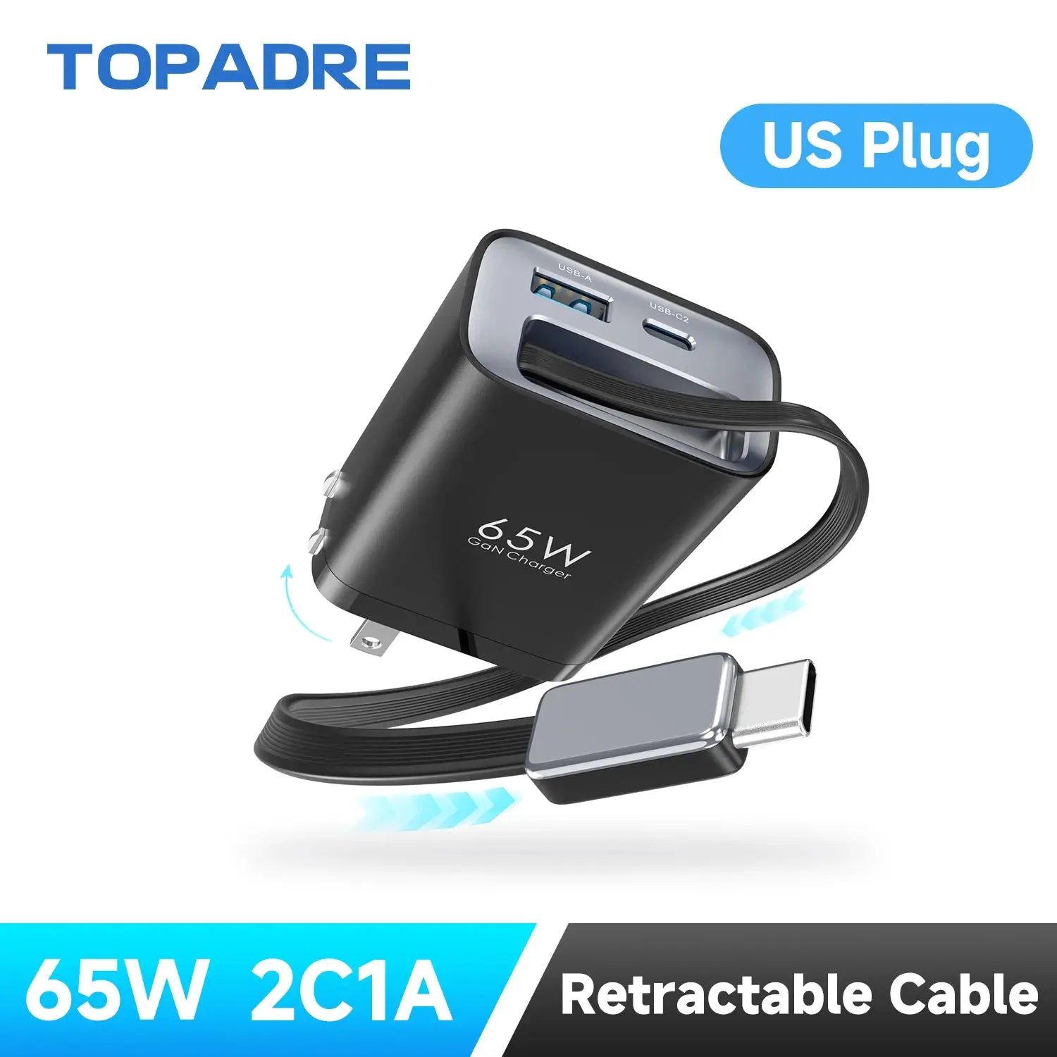 65W GaN PD3.1 fast charger with retractable cable, 2 USB-C and USB-A ports (black travel adapter).