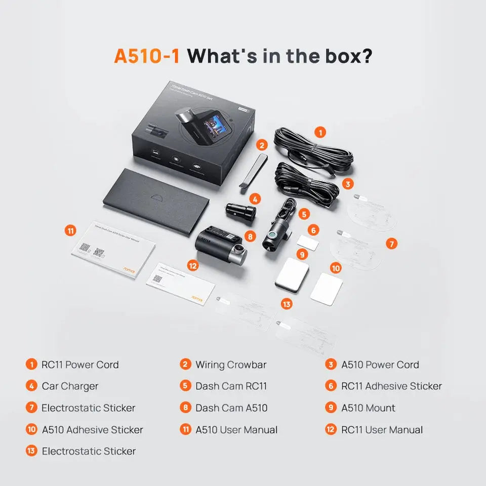 70mai A510 dash cam kit with 13 accessories including power cords, car charger, mount, adhesive stickers, and manuals.