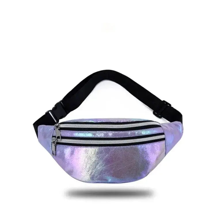 Holographic iridescent fanny pack waist bag with black adjustable strap and dual zippers.