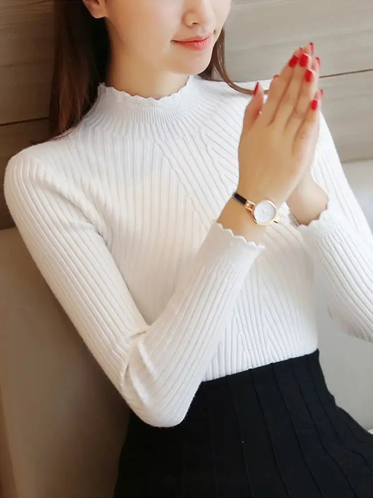Autumn Women Mock Neck Ruffle Knit Sweater Long Sleeve Pullover Solid Casual Winter Layering