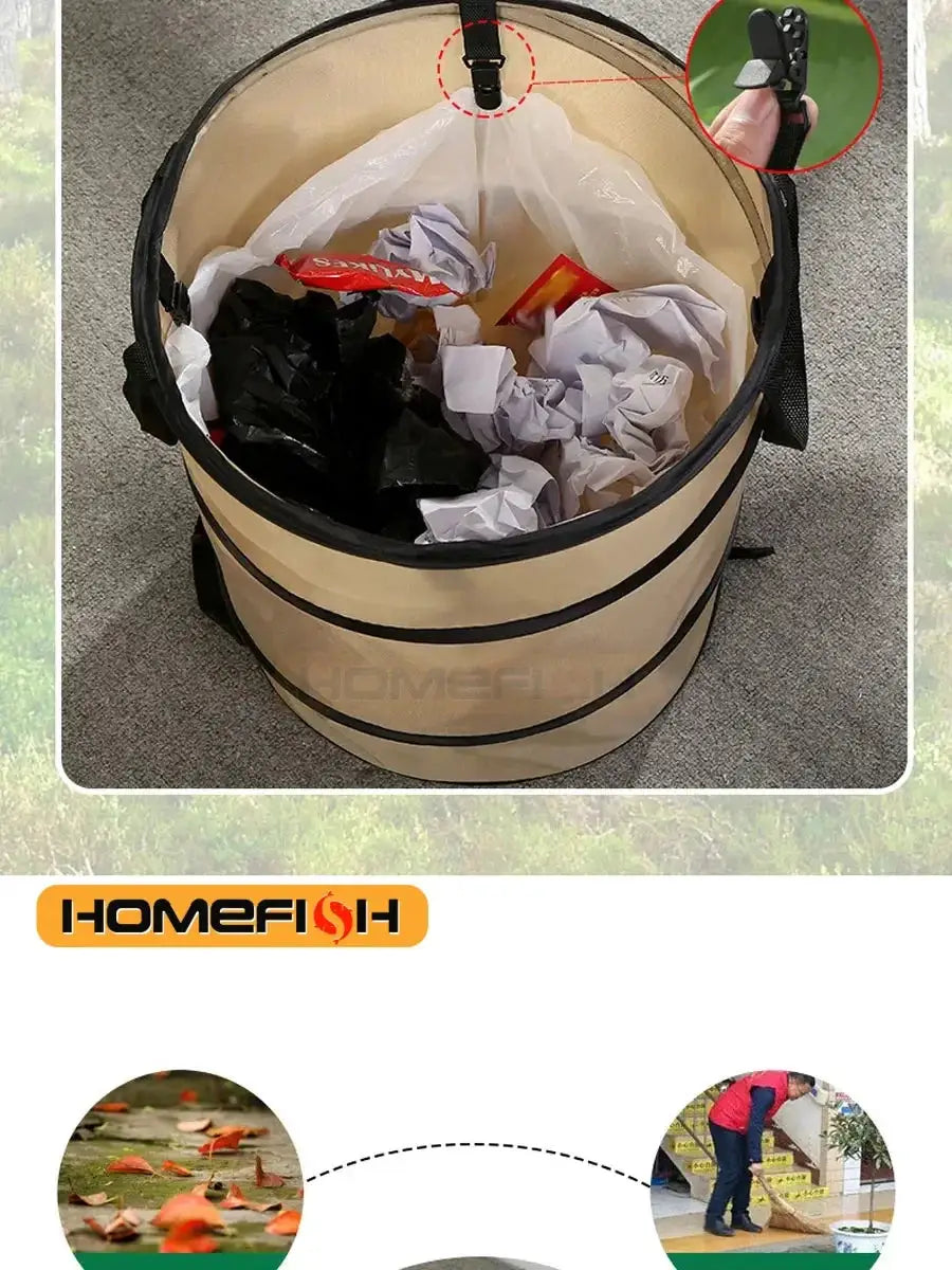 Beige pop-up trash can for outdoor camping; folding fabric waste bin by Simples Market.