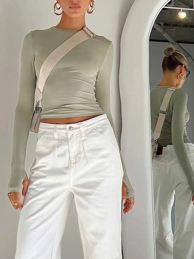 Womens Long Sleeve Crew Neck Crop Top With Thumb Holes Slim Fit Solid Color Streetwear For Daily Summer