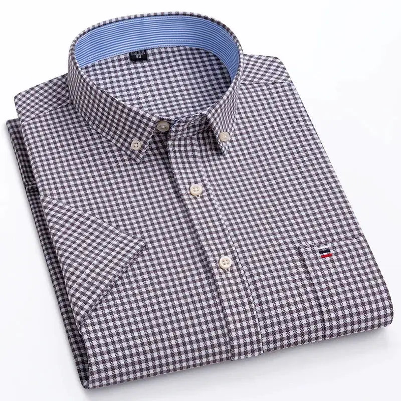 Simples Market men's 100% cotton oxford plaid shirt, breathable short sleeve, brown/white check with blue collar.