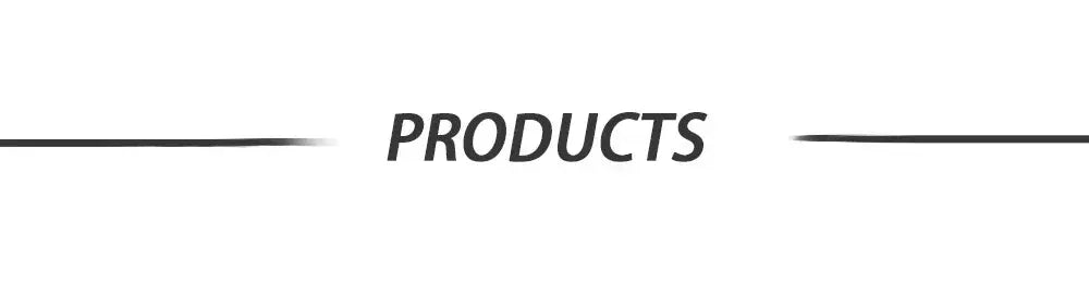 Products page header banner displaying the word PRODUCTS on white background.