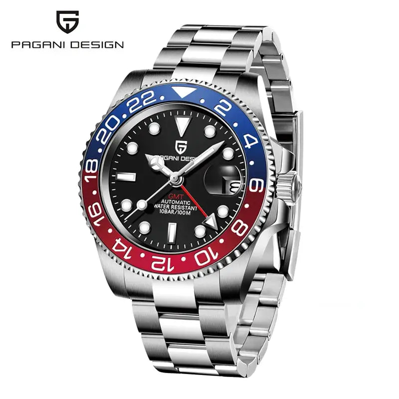Pagani Design 40mm GMT stainless steel wristwatch with blue-red bi-color bezel and black dial