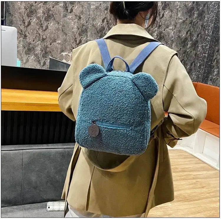 Bear-ear fleece mini backpack for kids, blue plush by Simples Market