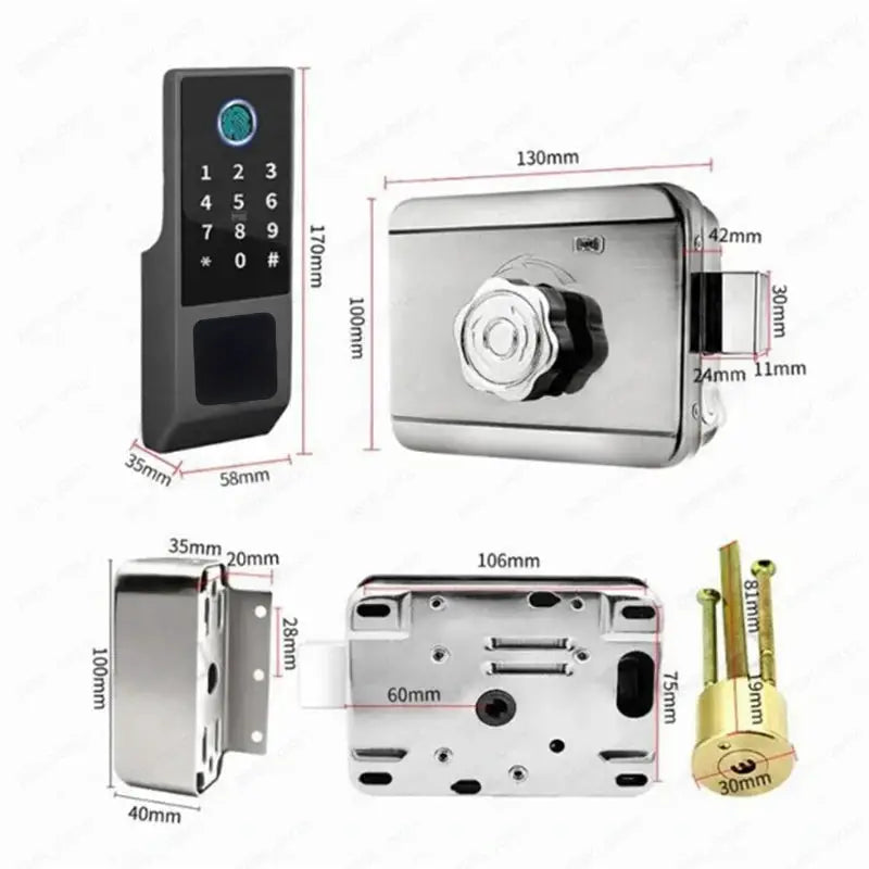 Tuya WiFi fingerprint door lock kit by Simples Market; outdoor stainless 4-piece set with keypad unit and lock body.