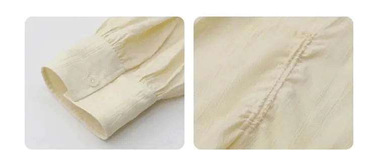 Cream women's long-sleeve shirt; cuff detail and textured seam shown in two close-up views