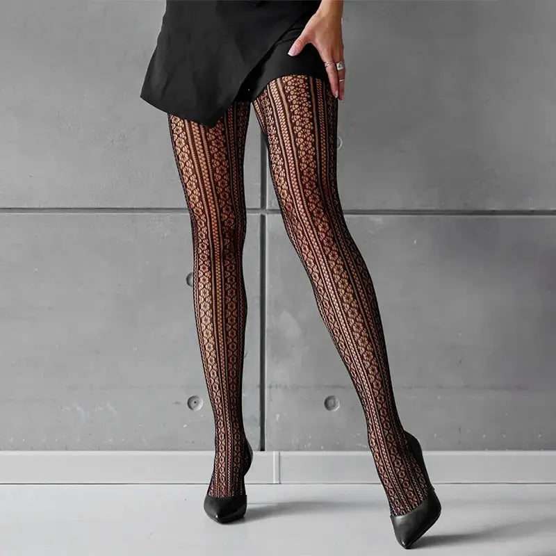 Kave High Elastic Hollowed Lace Fishnet Tights With Ultra Stretch Nylon And Reinforced Toe For Women