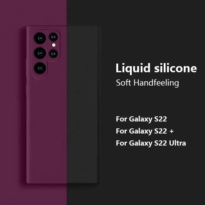 Purple liquid silicone phone case for Galaxy S22, S22+, S22 Ultra; soft handfeel
