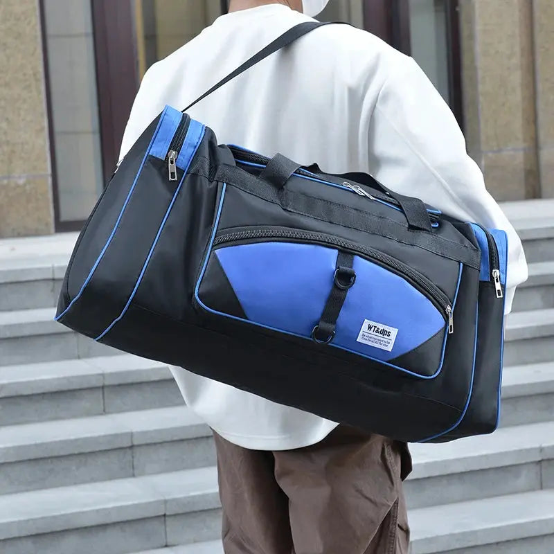 Oversized handbag by Simples Market in black with blue panels, multi-functional travel and fitness bag