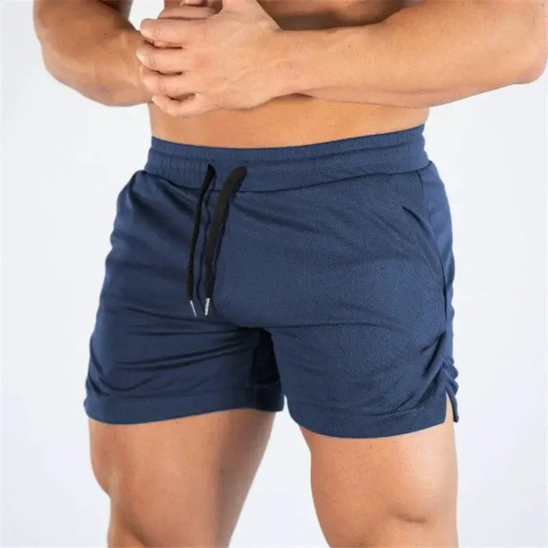 Men's navy blue summer gym shorts with black drawstring, mid-thigh length