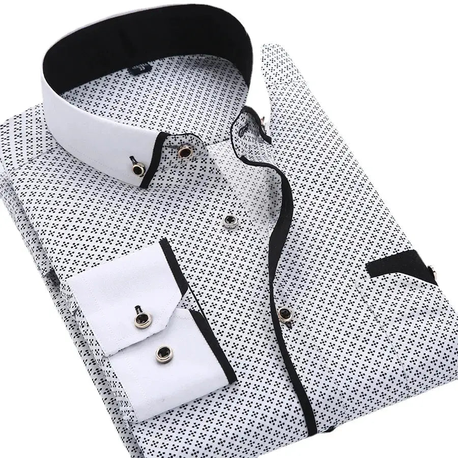 Men's white long-sleeve button-down dress shirt with small black dot pattern, black collar lining, and black trim.