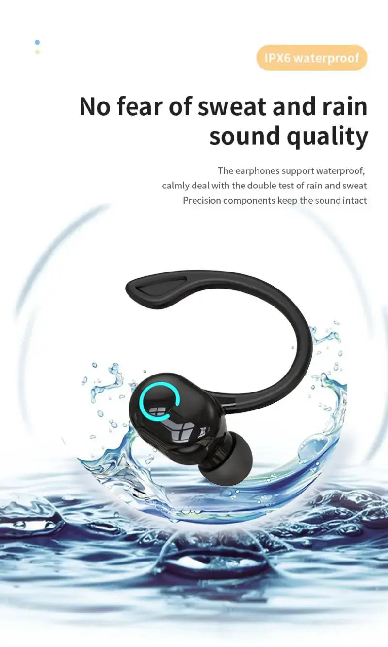 Bluetooth 5.2 wireless ear-hook headset, black with cyan ring, IPX6 waterproof, built-in mic