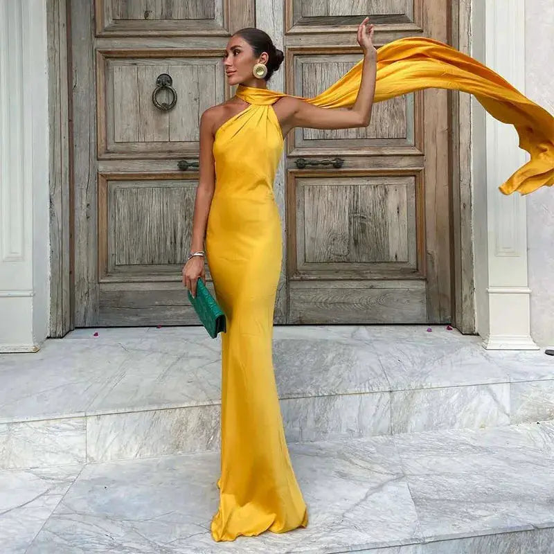 Elegant Ribbon Halter Dress Slim Fit Backless Maxi Off Shoulder Sleeveless Party Dress For Summer