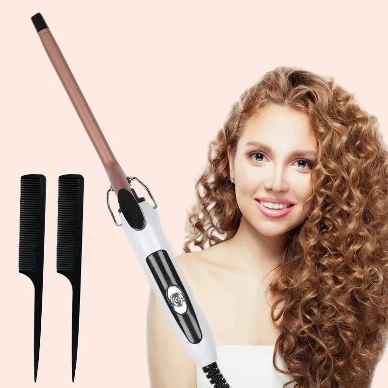 Simples Market curling iron, 0.51-inch ultra-fine barrel with rose-gold finish and white handle, includes two combs.