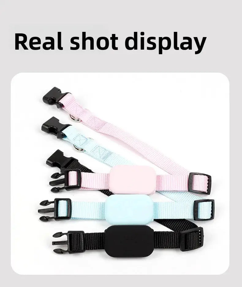 Pet GPS tracker collar set with five pastel straps; waterproof real-time tracking for dogs and cats