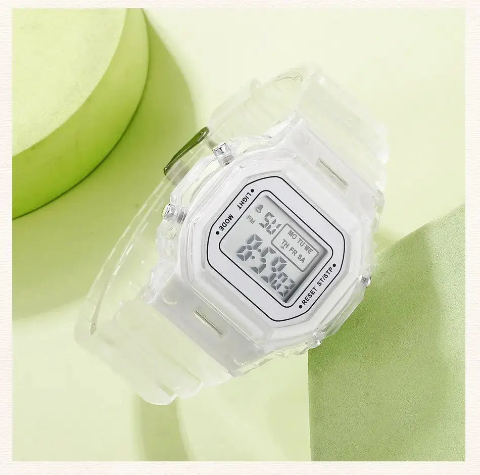 LED digital watch for men and women, transparent silicone band with clear case by Simples Market.