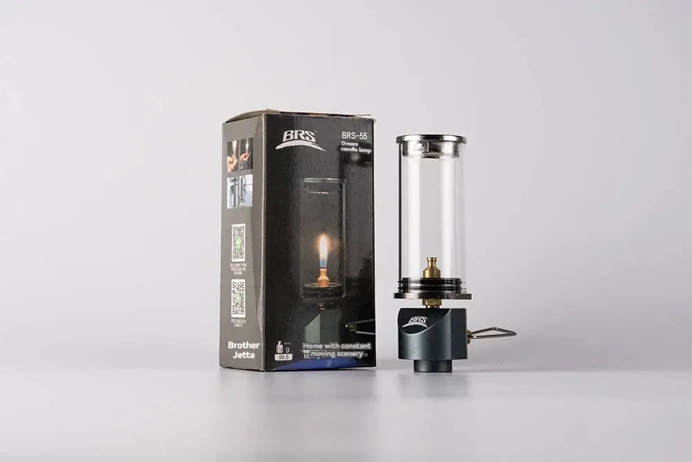 BRS-55 Dreamlike Candlelight Lamp windproof gas burner camping lantern, black base with glass chimney.