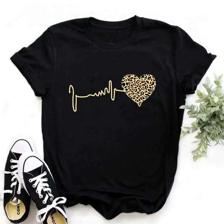 Womens Summer T Shirt Leopard Print and Heartbeat Pattern Short Sleeve Tee for Everyday Comfort and Style