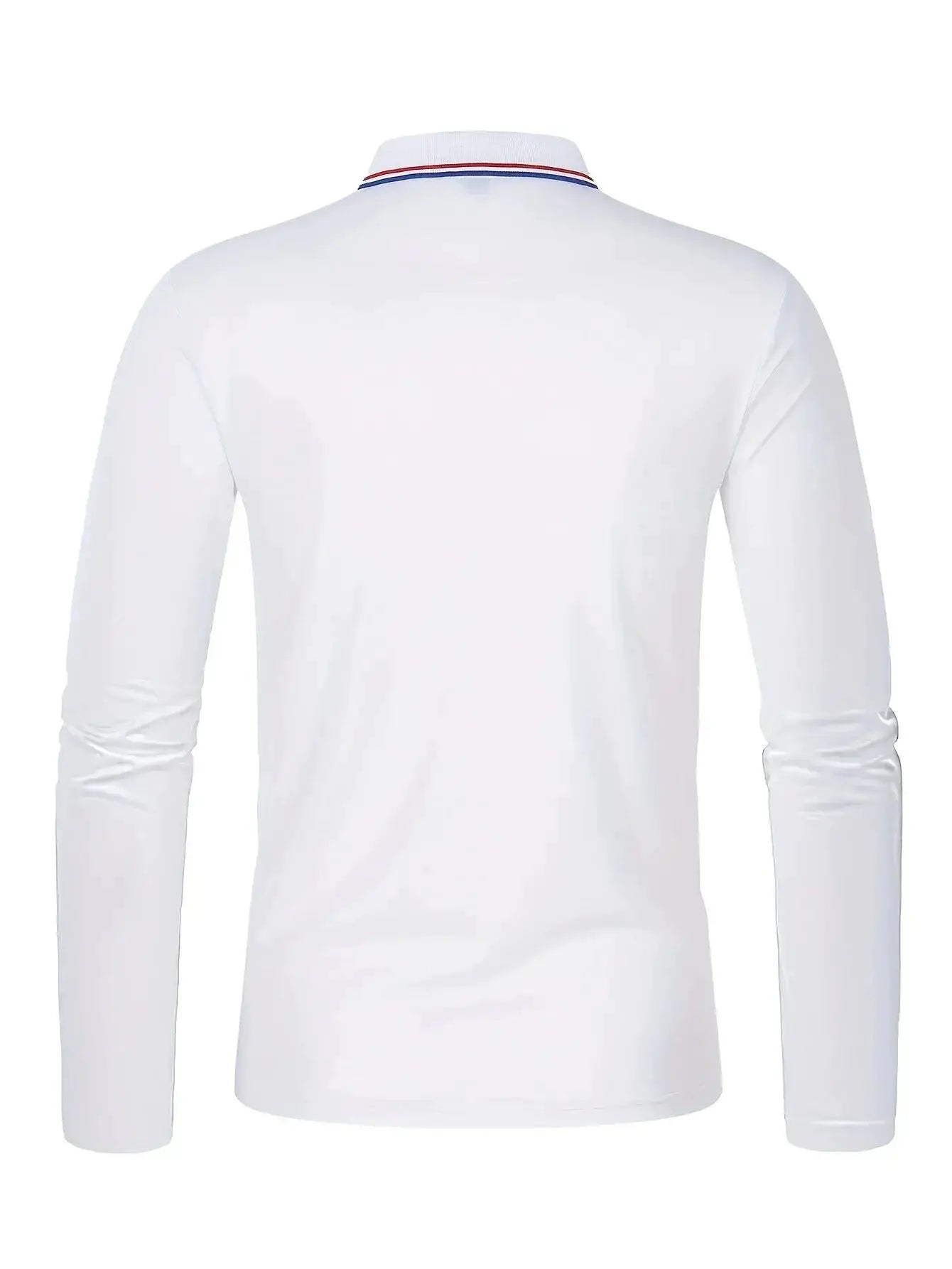 Men's white long-sleeve polo shirt with blue and red striped collar trim