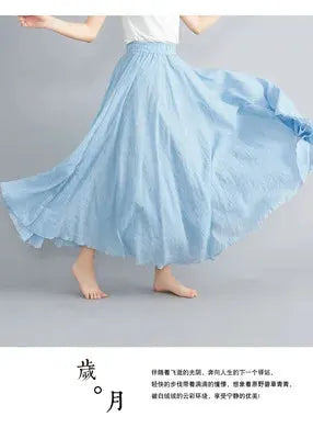 Cotton-linen Mori Girl long A-line skirt in blue with elastic waist, Simples Market.