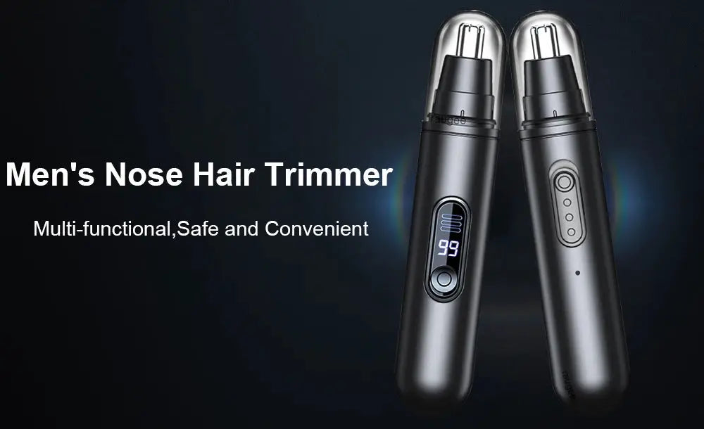 Nose Hair Trimmer pair by Simples Market, portable electric nose/ear hair remover with digital display, black.
