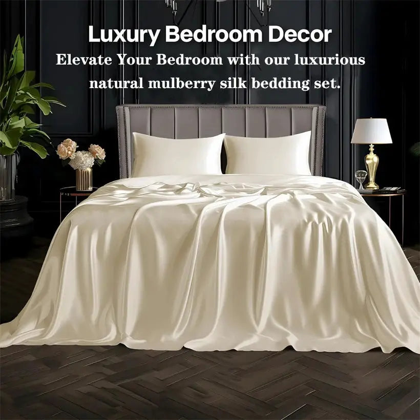Mulberry silk bedding set in ivory with duvet cover, sheets and two pillowcases.
