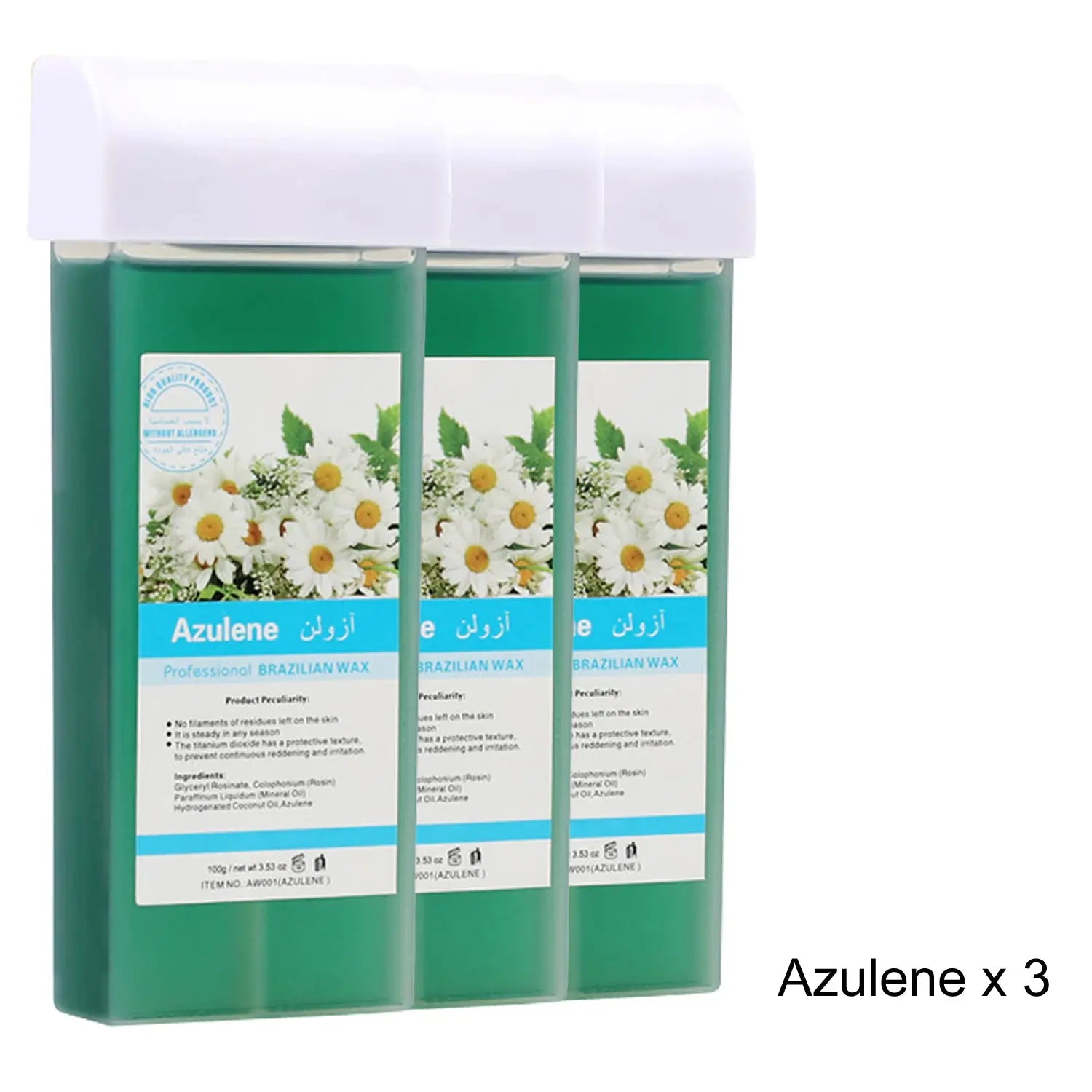 Simples Market Azulene roll-on wax refill 3-pack; green cartridges with white caps for bikini and body hair removal.