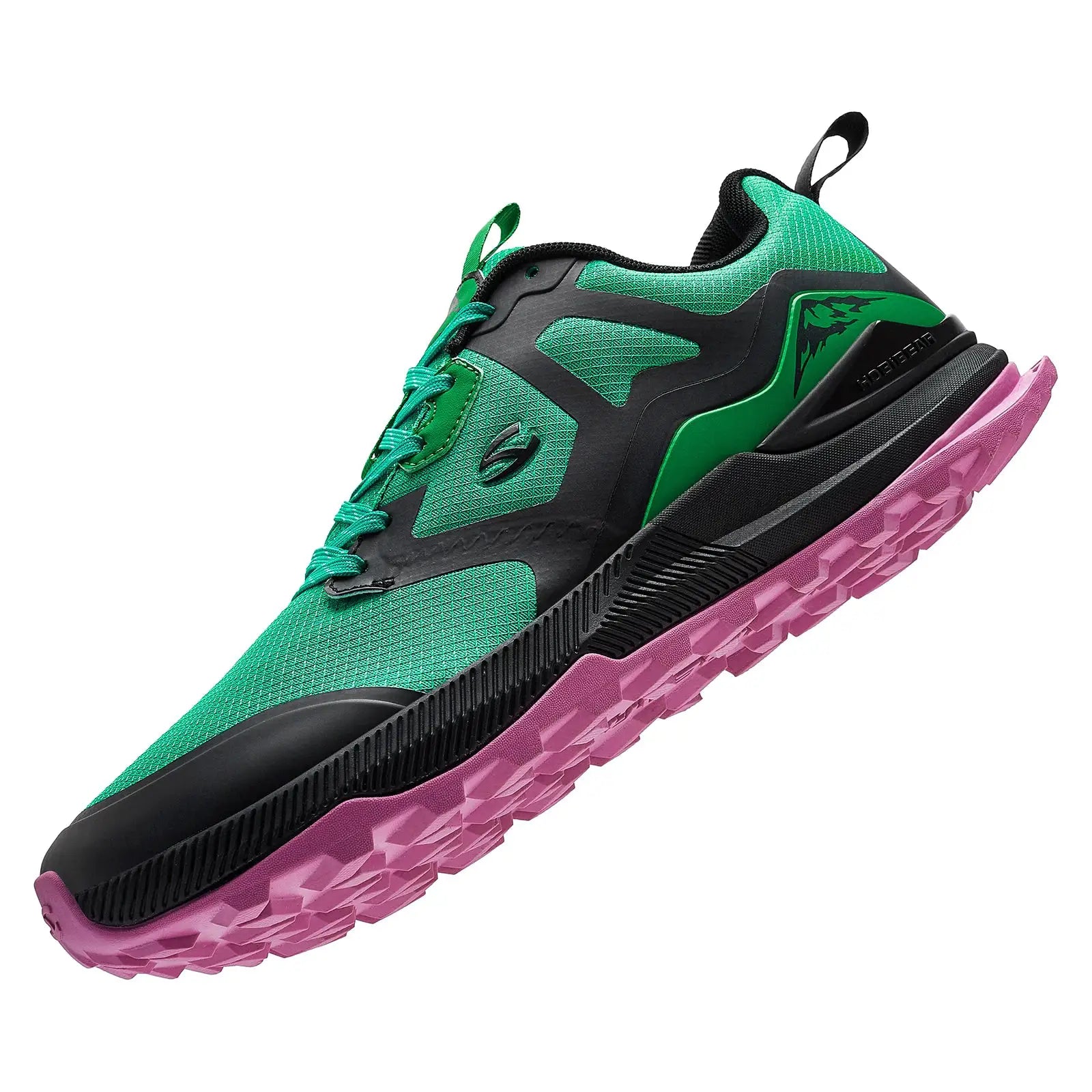 HOBIBEAR unisex hiking shoe in green/black with pink outsole, artificial leather accents, lace-up