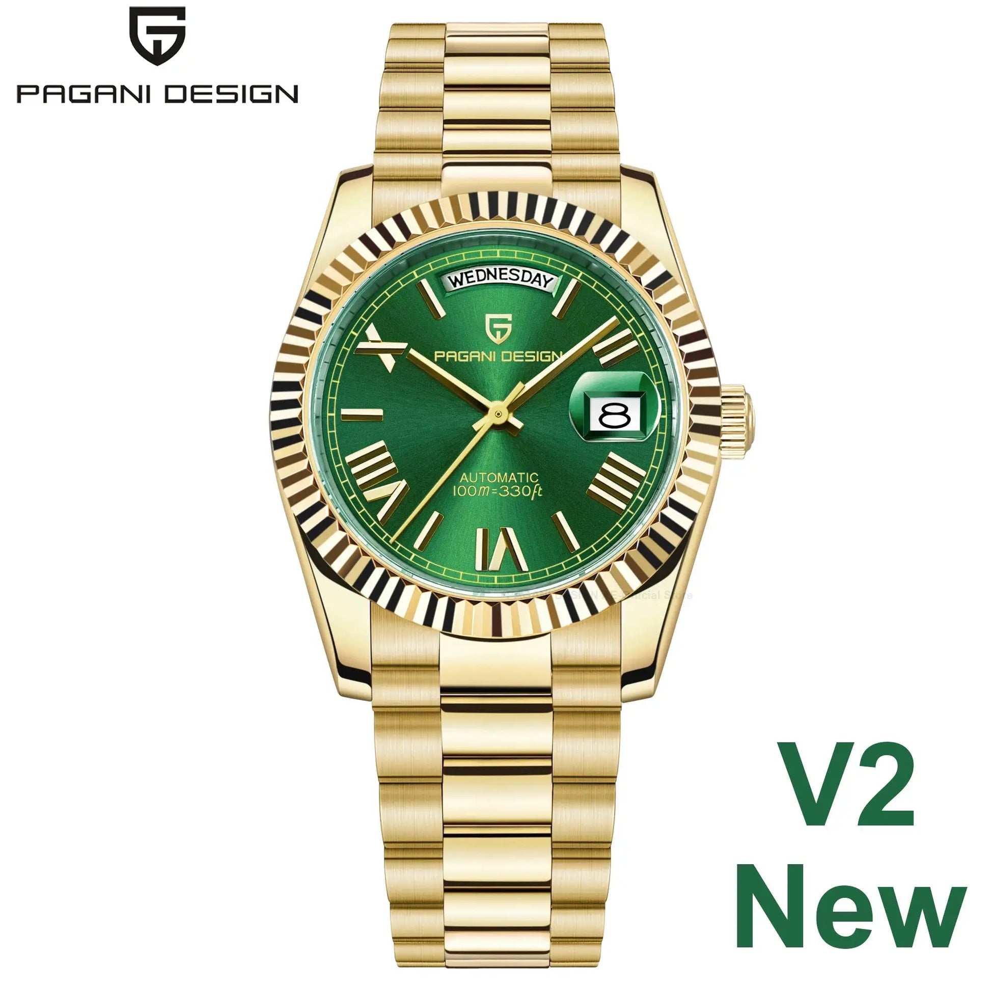 PAGANI DESIGN gold-tone men's automatic watch with green dial and day/date window, 36mm case