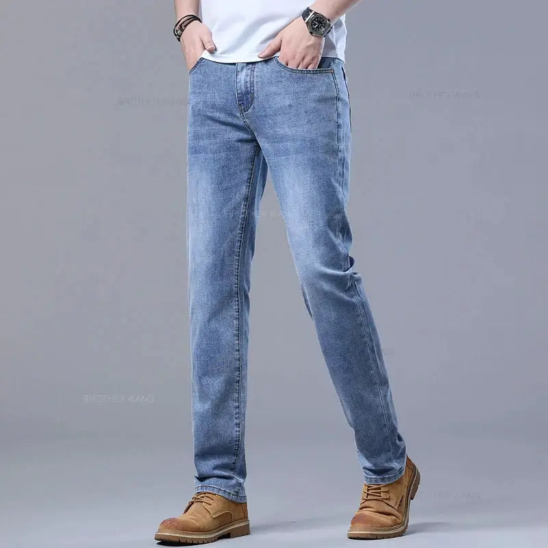 Men's light blue slim-fit jeans with stretch denim, casual classic trousers