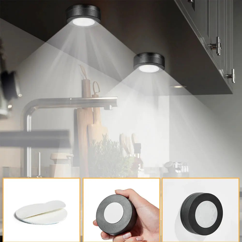 Black round LED under-cabinet light, 2-pack, Simples Market, dimmable CCT 3000–6500K with remote