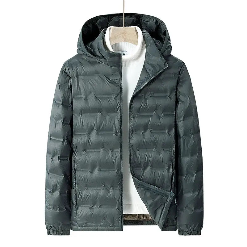 Men's hooded down jacket by Simples Market; green-gray, waterproof windproof puffer.
